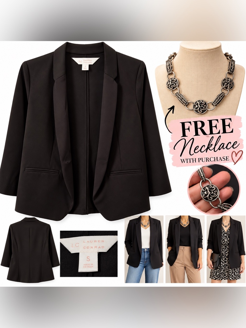 LC Lauren Conrad Black Open-Front Blazer with Satin Lapel